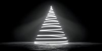 Glowing white neon Christmas tree made of spiral light trails on dark background. Modern minimalist holiday decoration concept for festive season celebrations.