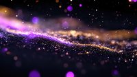Magical glowing particles creating wave of purple and gold light against dark background with bokeh effect and sparkles for abstract design backgrounds.
