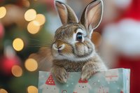 Adorable brown bunny rabbit peeking out of festive gift bag against blurred Christmas lights and holiday decorations background, creating magical seasonal atmosphere.