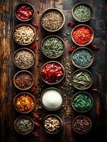 Various colorful dried herbs, spices and seasonings in rustic wooden bowls arranged on dark wooden background, top view composition for cooking and food styling.