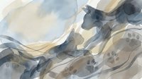 Soft watercolor abstract with cat silhouette and paw prints in muted blue, beige, and gray tones, blending into dreamy flowing shapes.