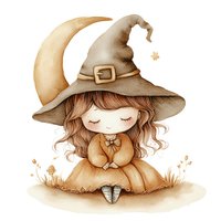 Cute little witch with pointed hat and curly hair sitting peacefully under crescent moon, autumn fantasy illustration for children's books.