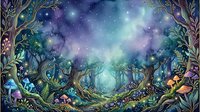 Enchanted forest with glowing mushrooms, twisted trees, and magical starlit sky creating a mystical woodland fantasy atmosphere.