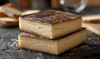 Aged cheese blocks with dark rind stacked on black slate board, close-up view showing creamy texture and crystalline structure. Food photography for dairy industry.