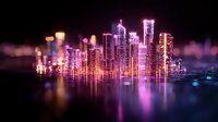 Futuristic night cityscape with glowing neon skyscrapers reflecting in water, purple and pink illuminated buildings creating modern urban panorama.