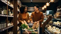 Young couple shopping together in grocery store aisle, holding shopping basket with fresh produce and groceries, smiling and interacting while selecting items.