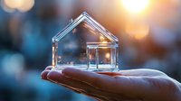 Glass house miniature on palm against blurred bokeh lights background, transparent crystal home symbol representing real estate, property investment or mortgage concept.