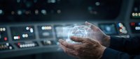 Elderly hands holding holographic brain model with neural networks in futuristic medical technology environment for healthcare innovation and neuroscience research.