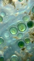 Green oil bubbles floating in water creating abstract liquid texture with organic shapes and natural light effects for cosmetic and wellness designs.