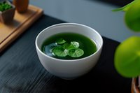 Fresh green matcha tea served in traditional white ceramic bowl with floating leaves on dark wooden table, creating zen atmosphere for tea ceremony.