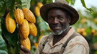 Mature African American farmer with gray beard wearing straw hat smiles while harvesting fresh ripe cacao pods from tree on sustainable plantation. Agriculture concept.