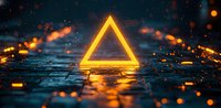 Glowing yellow neon triangle on wet reflective surface with bokeh lights and particles in dark atmospheric background, creating futuristic mood.