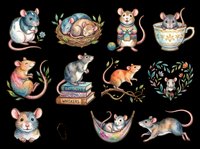 Cute mice and rats collection isolated on transparent background, featuring adorable rodent characters in various poses and settings including nests, teacups, and decorative elements. Ready for t-shirt design, stickers, clipart, sublimation, and print-on-demand products.