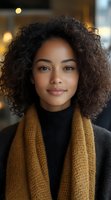 Young African American woman with natural curly hair wearing black turtleneck and mustard scarf smiling warmly at camera. Soft bokeh background creates intimate portrait mood.
