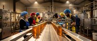 Diverse team of workers in colorful hard hats operating industrial production line in modern manufacturing facility with stainless steel equipment and machinery.