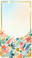 Watercolor floral frame with gold border and coral, teal, and yellow flowers on white background, isolated and ready for invitations, greeting cards, and design projects.
