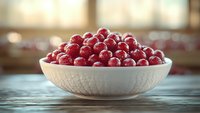 Fresh red cranberries covered in frost in white ceramic bowl on rustic wooden table with soft natural lighting and blurred background.