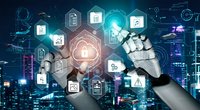 Robotic hand touching glowing cloud computing interface with digital icons representing data storage, security and network connectivity in futuristic cityscape.