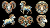Aries zodiac sign collection featuring ornate ram head designs with decorative patterns, horns, and celestial embellishments. Isolated on transparent background, ready for t-shirt design, clipart, stickers, sublimation, and print-on-demand products.