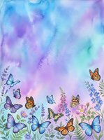 Watercolor butterflies and wildflowers on a dreamy blue purple gradient background, perfect for greeting cards, posters, and fabric prints.