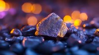 Raw amethyst crystal gemstone on dark pebbles with warm bokeh lights creating mystical atmosphere for meditation and spiritual healing practices.