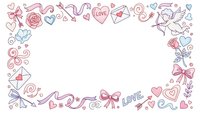 Romantic doodle frame with hearts, roses, cupid, love letters and decorative swirls in pastel pink and blue colors for Valentine's Day greeting cards.