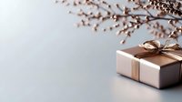 Elegant gift box wrapped in rose gold paper with satin ribbon bow against light background with delicate spring branches, minimal holiday composition.