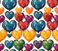 Colorful hearts seamless pattern with shiny effect in blue, red, yellow, green and purple shades on white background. Romantic repeat design for fabric and wrap.