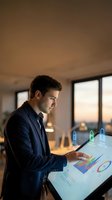 Young businessman analyzing data on futuristic holographic display in modern office environment with digital charts and graphs for business analytics.
