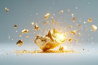 Explosive splash of golden liquid creating dynamic motion with scattered droplets and particles against light background, dramatic lighting effect and high-speed capture.