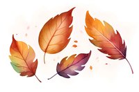 Watercolor autumn leaves in orange and purple hues floating with small particles on white background, isolated botanical elements for seasonal designs.
