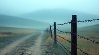 Misty rural dirt road with barbed wire fence stretching into foggy distance, creating atmospheric moody landscape in soft teal and earth tones. For nature photography.