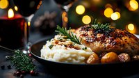 Roasted chicken with herbs and mashed potatoes on dark plate with warm bokeh lights creating festive holiday dinner atmosphere for celebrations.