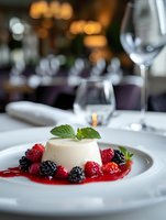 Creamy panna cotta dessert garnished with fresh raspberries and blackberries in berry coulis sauce, topped with mint leaves on white plate in restaurant setting.