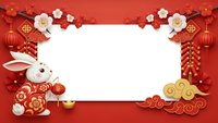 Chinese New Year frame with white rabbit, red lanterns, plum blossoms and traditional decorations on red background with blank space for text.