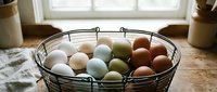 Fresh farm eggs in various natural colors displayed in wire basket on rustic wooden kitchen counter near bright window for organic cooking and baking.