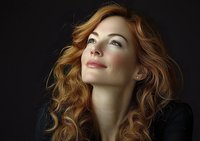 Young woman with flowing red wavy hair gazing upward with serene expression against dark background, wearing black top. Natural beauty portrait showcasing radiant skin.