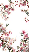 Delicate pink cherry blossoms with green leaves arranged in corner frame composition on white isolated background, suitable for wedding stationery and spring designs.