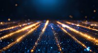 Abstract digital light rays streaming through dark space with glowing golden particles and blue illumination creating futuristic technology background effect.
