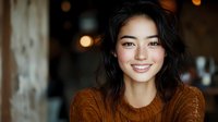Young Asian woman with natural makeup and bright smile wearing brown knit sweater against blurred bokeh background, radiating warmth and authenticity in casual portrait setting.