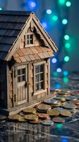 Wooden miniature house model with scattered coins and colorful bokeh lights background for real estate investment and savings concept.
