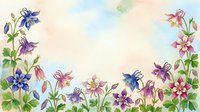 Watercolor columbine flowers frame with soft pastel sky background, colorful purple pink blue blooms and green leaves, copy space for text.
