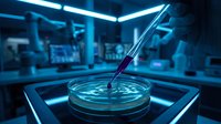 Liquid sample being pipetted into petri dish in modern laboratory setting with blue lighting and scientific equipment in background.