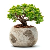 Small jade plant bonsai tree with thick green succulent leaves in textured stone pot isolated on white background for home decor and gardening projects.