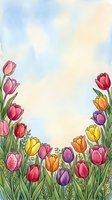 Watercolor tulip border frame with colorful spring flowers and soft sky background, perfect for greeting cards and seasonal designs.