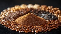 Ground coffee powder heap surrounded by roasted coffee beans arranged in circular pattern on dark background, macro food photography.