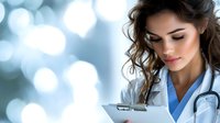 Young female medical professional with stethoscope and clipboard against blurred bokeh background, wearing blue scrubs and white coat, looking down while working.