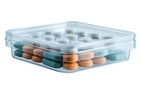Transparent plastic pill organizer with orange and teal medication tablets arranged in compartments, isolated on white background for healthcare and medical concepts.