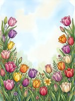 Watercolor tulip garden frame with colorful spring flowers and copy space, perfect for greeting cards, invitations, and seasonal designs.