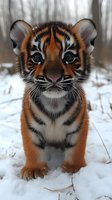 Close-up portrait of adorable tiger cub standing in snow with bright blue eyes and distinctive orange and black striped fur pattern, looking directly at camera.